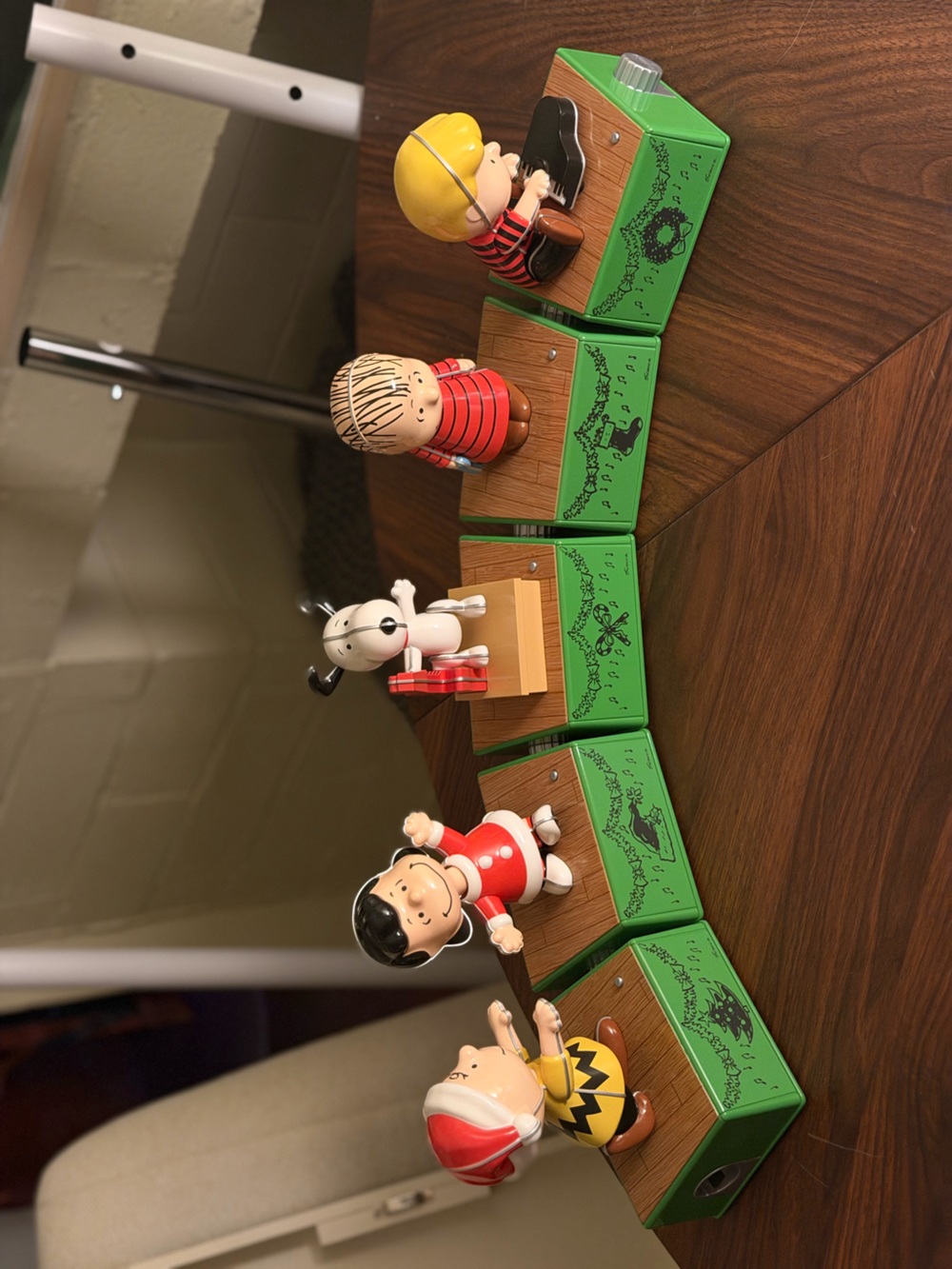 Peanuts Figurine Music Boxes in Red, Green, Brown